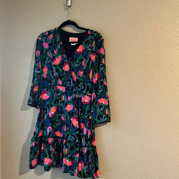 Kate Spade Floral Swirl Surplice Dress Size 6 Bright Wrap Ruffle Hem - Picture 2 of 8
